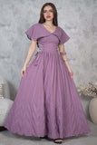 Pleated maxi dress with side ties in mauve 