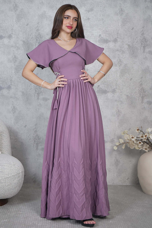 Pleated maxi dress with side ties in mauve 