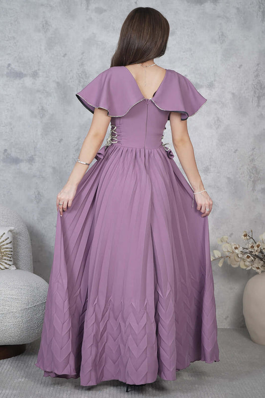 Pleated maxi dress with side ties in mauve 