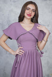 Pleated maxi dress with side ties in mauve 