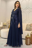 Long evening dress with cape sleeves 