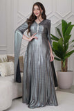 Silver Pleated Cape Sleeve Maxi Dress 