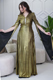 Gold Pleated Cape Sleeve Maxi Dress 