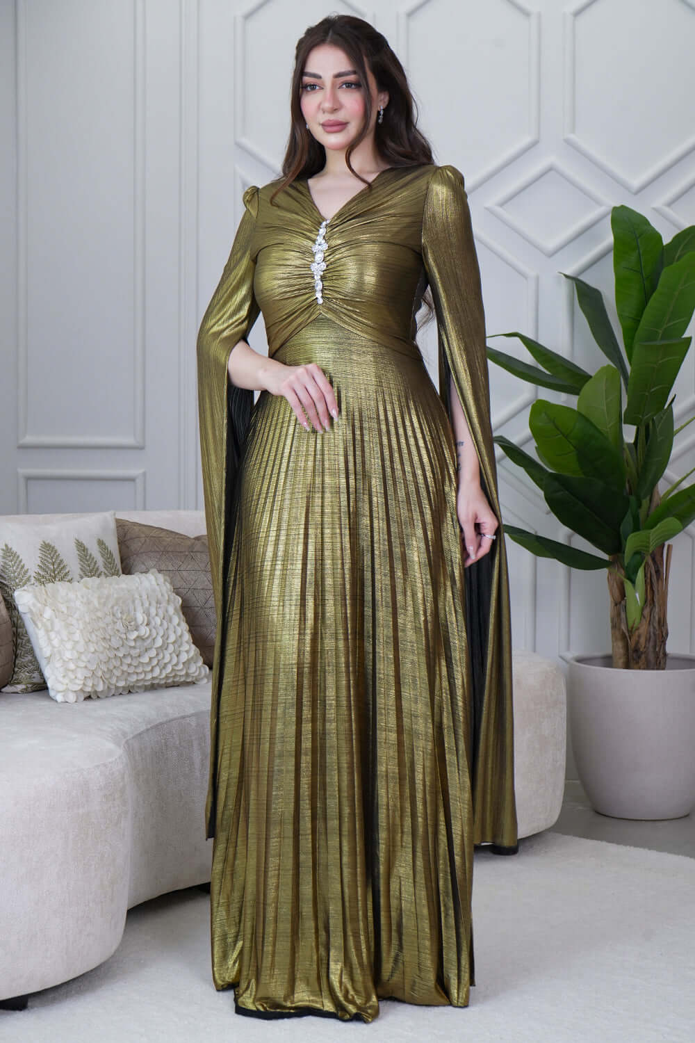 Gold Pleated Cape Sleeve Maxi Dress 