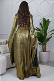 Gold Pleated Cape Sleeve Maxi Dress 