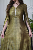 Gold Pleated Cape Sleeve Maxi Dress 