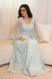 Embroidered tulle evening dress with puff sleeves 