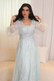 Embroidered tulle evening dress with puff sleeves 