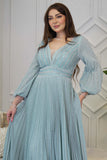 Long pleated evening dress decorated with tiffany blue stones 