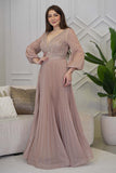 Long pleated evening dress decorated with pink stones 