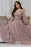 Long pleated evening dress decorated with pink stones 