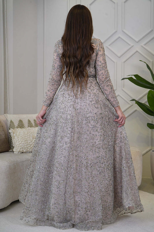 Long beige embroidered full beaded evening dress 