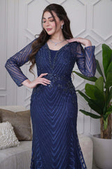 Long Mermaid Evening Dress with Beads in Navy Blue 