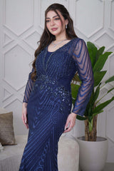 Long Mermaid Evening Dress with Beads in Navy Blue 