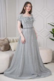 Long evening dress decorated with stones and feathers in gray color 