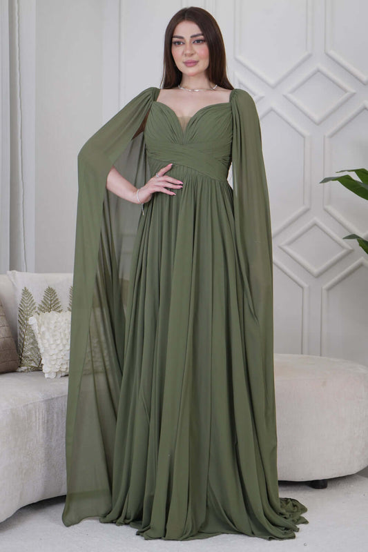 فستان طويل شيفون بأكمام كيب لون اخضر