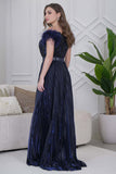 Navy Sequin Feather Maxi Dress 