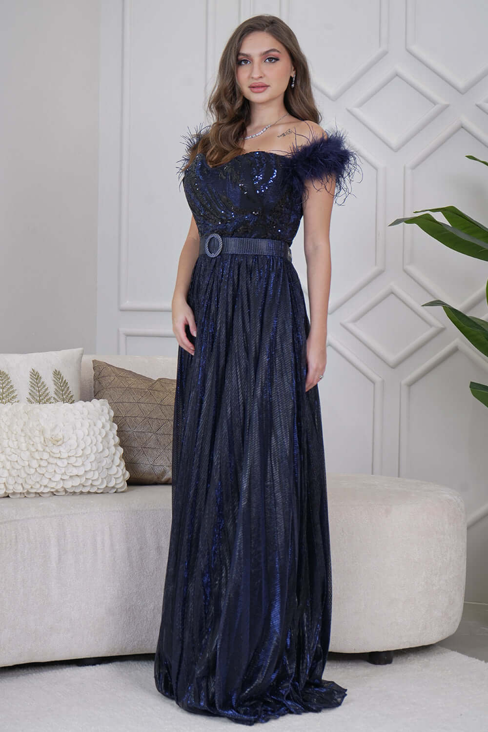 Navy Sequin Feather Maxi Dress 