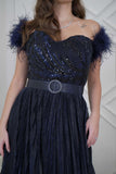 Navy Sequin Feather Maxi Dress 