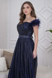 Navy Sequin Feather Maxi Dress 