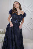 Navy Sequin Feather Maxi Dress 