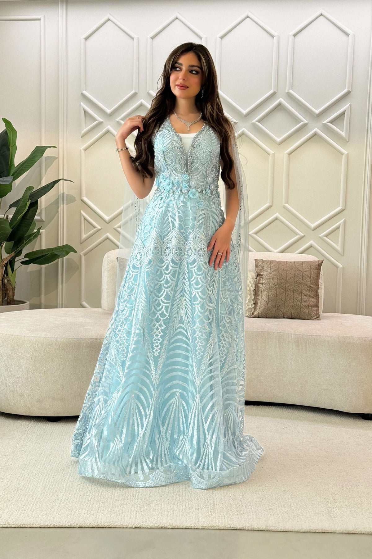 Sky Blue Long Floral Cape Sleeve Evening Dress 