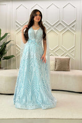 Sky Blue Long Floral Cape Sleeve Evening Dress 