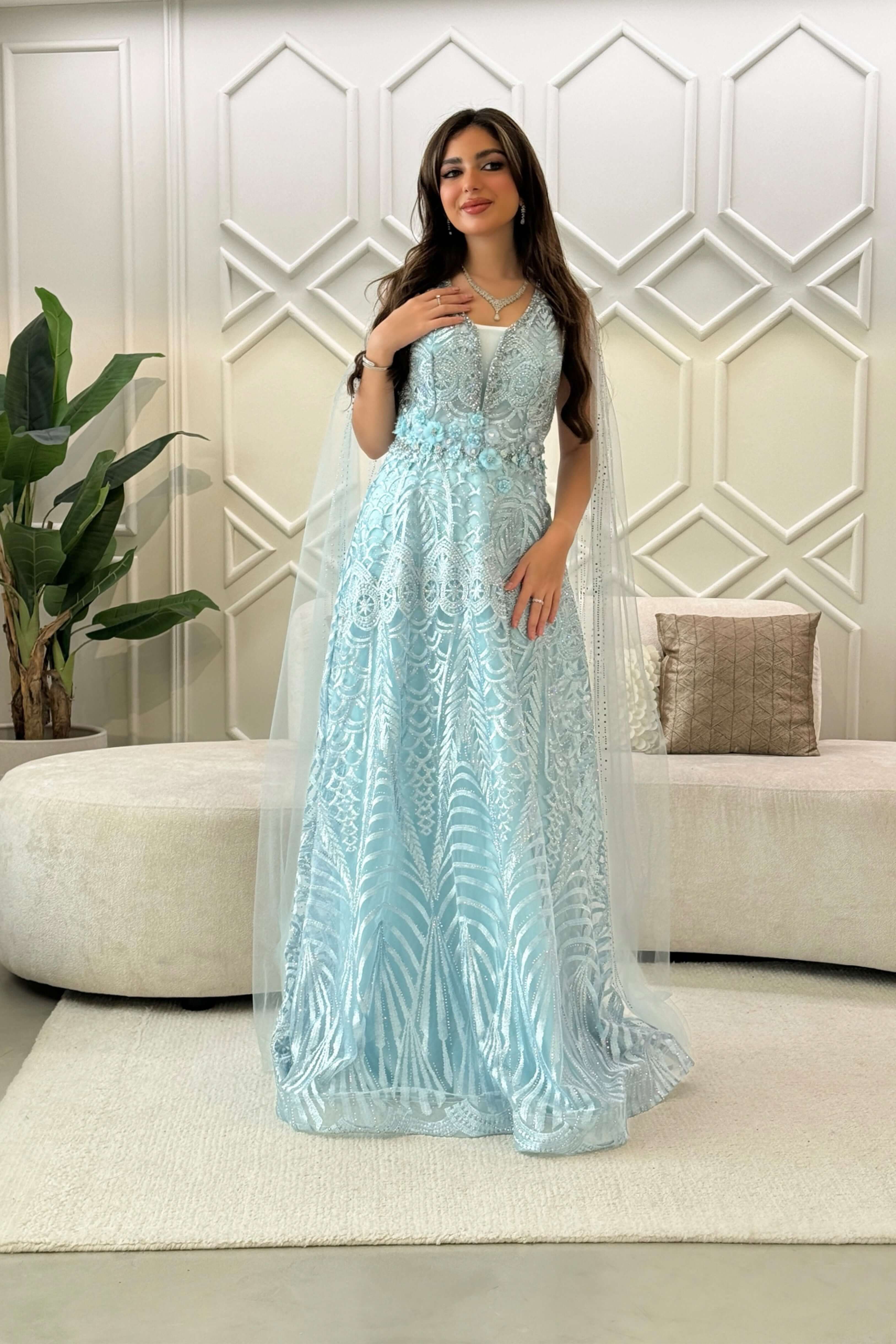 Sky Blue Long Floral Cape Sleeve Evening Dress 