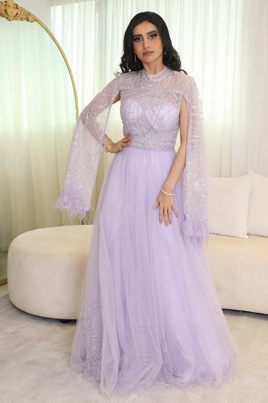 Tulle evening dress embroidered with a cape design 