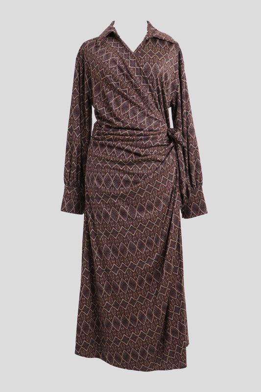 Midi wrap dress with unique prints, brown