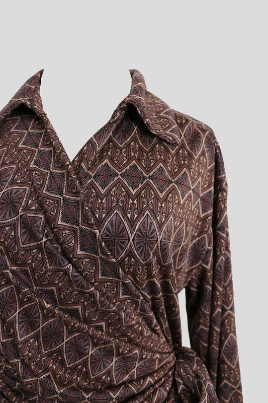 Midi wrap dress with unique prints, brown