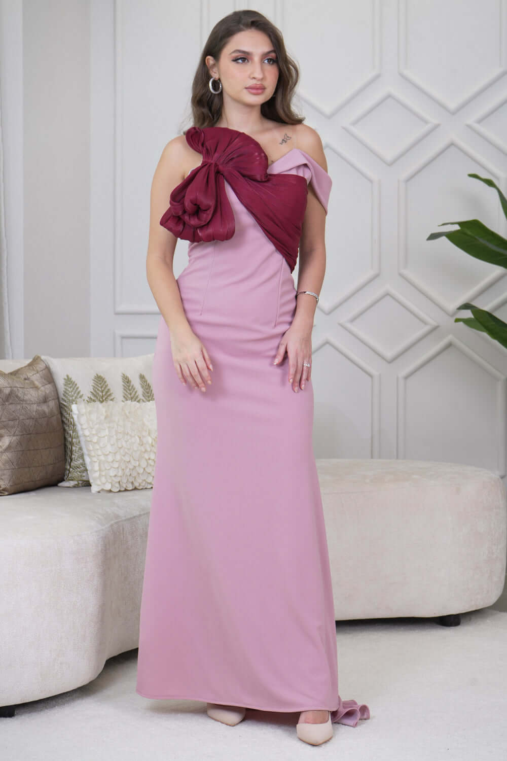 Classic Fitted Maxi Dress with Draped Bow in Pink 