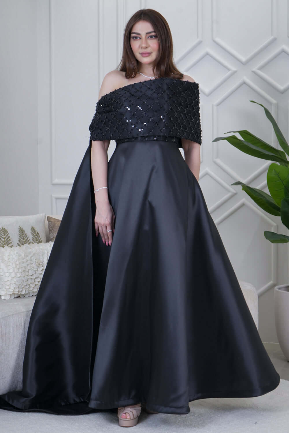 Black off shoulder long dress with side tail 