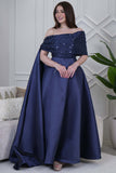 Off Shoulder Long Dress with Side Tail in Navy Blue 