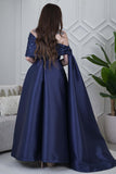 Off Shoulder Long Dress with Side Tail in Navy Blue 