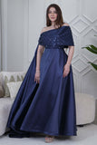 Off Shoulder Long Dress with Side Tail in Navy Blue 