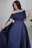 Off Shoulder Long Dress with Side Tail in Navy Blue 