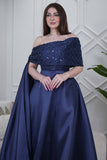 Off Shoulder Long Dress with Side Tail in Navy Blue 