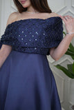 Off Shoulder Long Dress with Side Tail in Navy Blue 