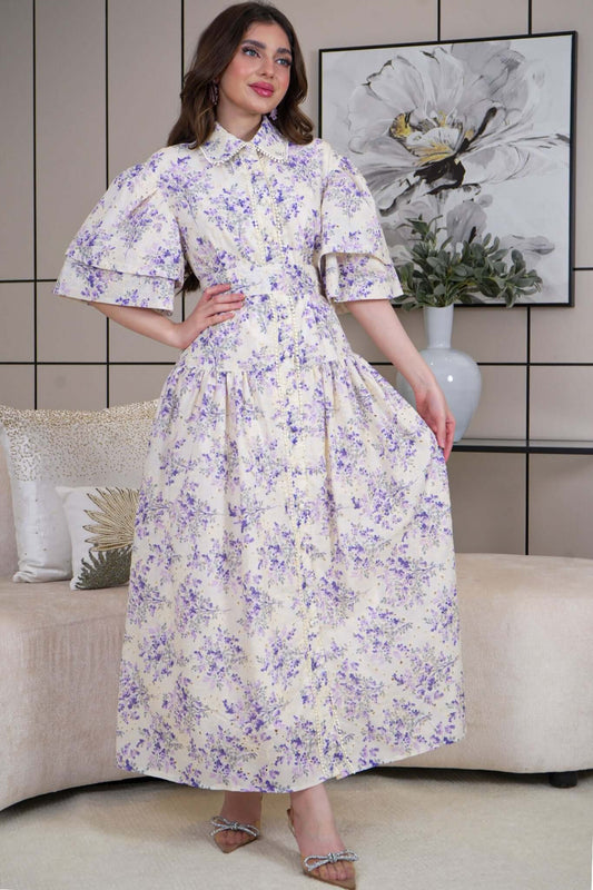 Classic long floral dress with puff sleeves 