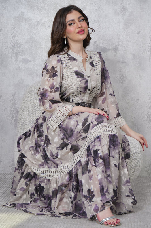 Long floral chiffon dress with ruffled layers 