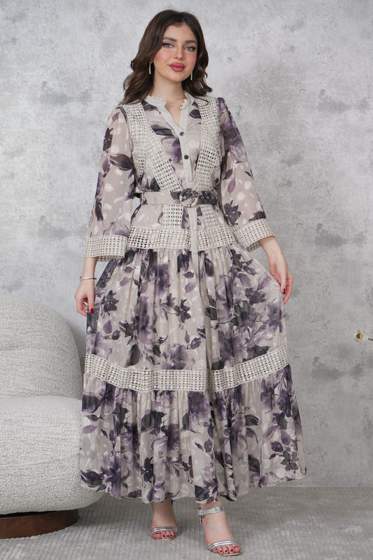 Long floral chiffon dress with ruffled layers 