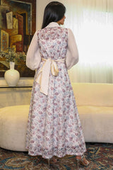 Beige Crystal Feather Lace Belted Maxi Dress