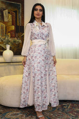 Beige Crystal Feather Lace Belted Maxi Dress
