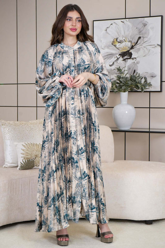 Long floral plisse dress with belt 
