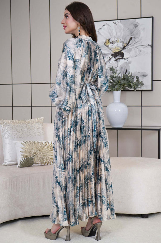 Long floral plisse dress with belt 