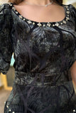 Velvet dress with leaf print and ruched sides 