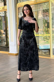 Velvet dress with leaf print and ruched sides 