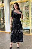 Velvet dress with leaf print and ruched sides 