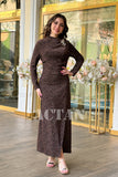 Draped leopard print maxi dress with shoulder brooch 